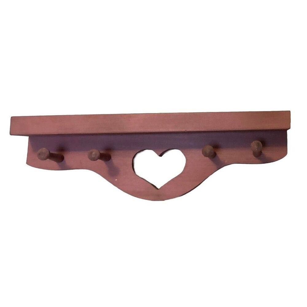 Vintage Wooden Wall Shelf Heart Cutout 4 Peg Hooks Rustic Country Cottage